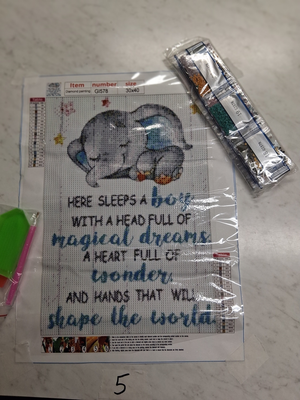 Sleeping Elephant Diamond Painting Canvas with Blue Lettering